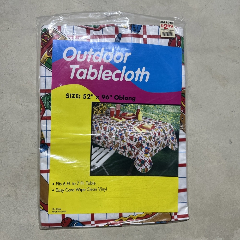 Vintage 1990s Barbecue Food Theme Indoor Outdoor Vinyl Tablecloth 52"x96 Oblong